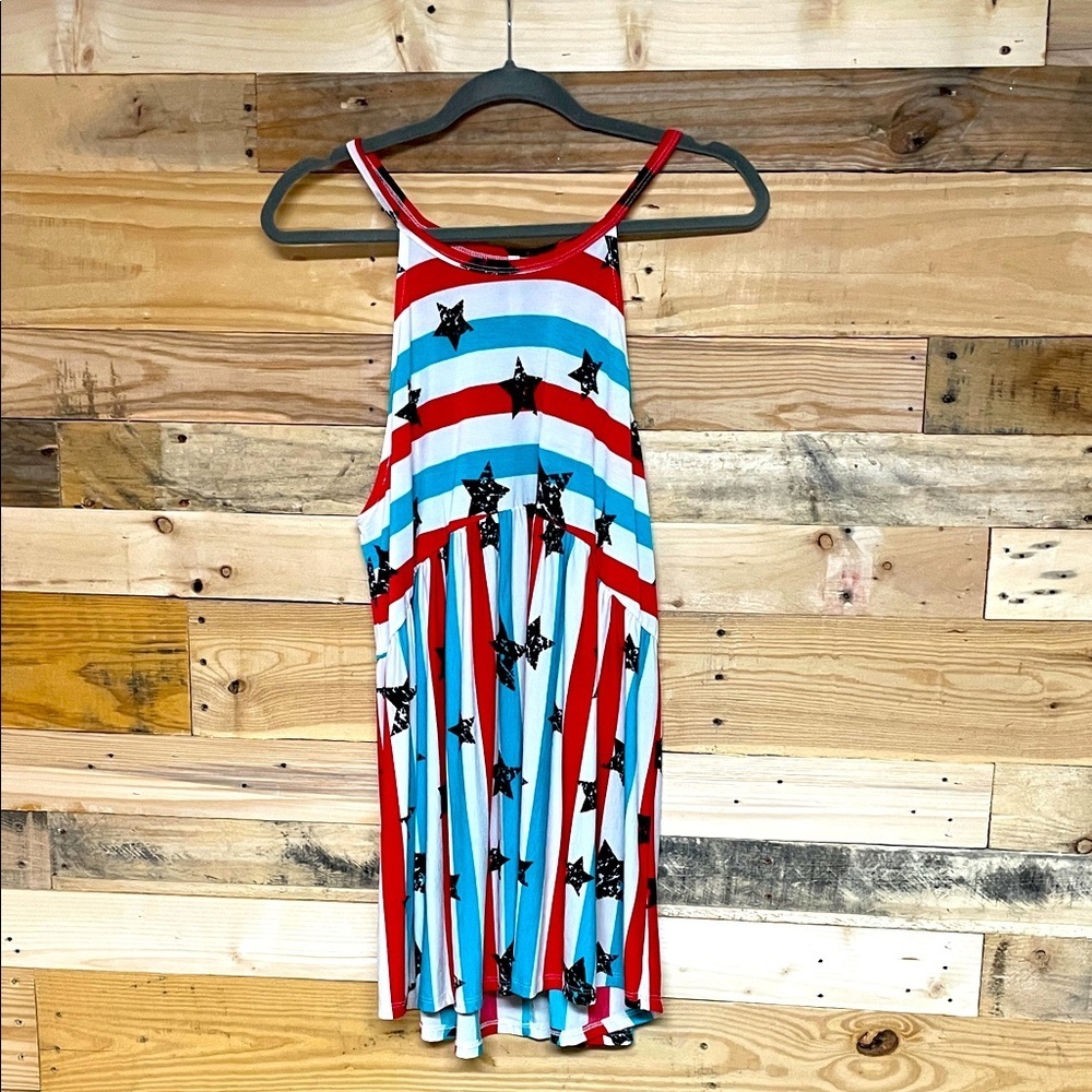 My Story Size Large Red & White Striped with Navy Star High Neckline Tunic Top